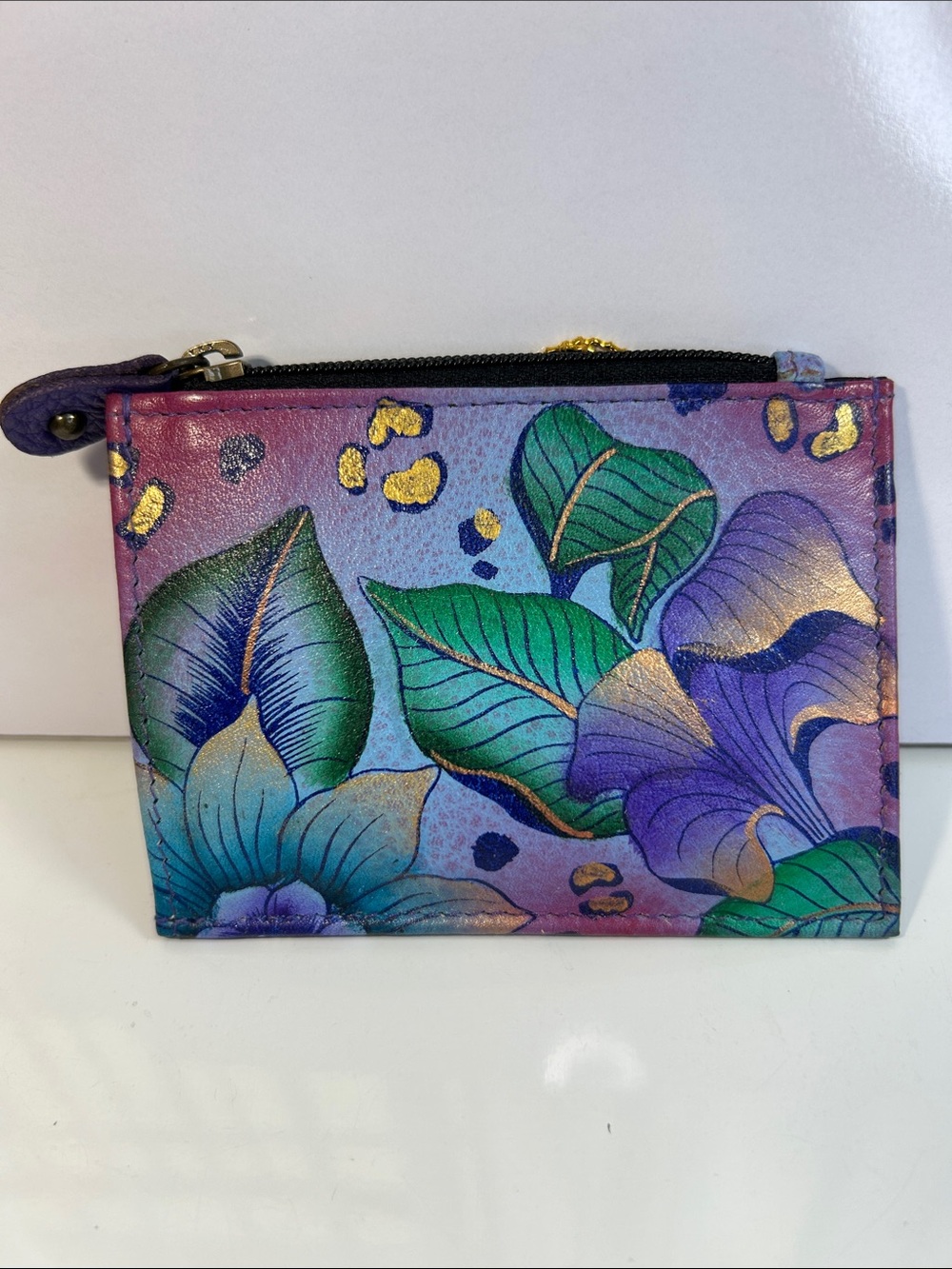NWT Anuschka Hand Painted Floral Theme Key ID Card Holder Coin Change Purse